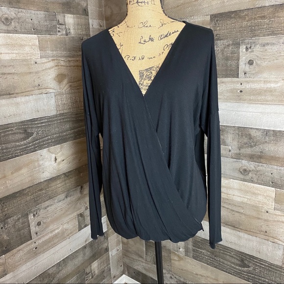 Double Zero Tops - Double Zero black surplice long sleeve top